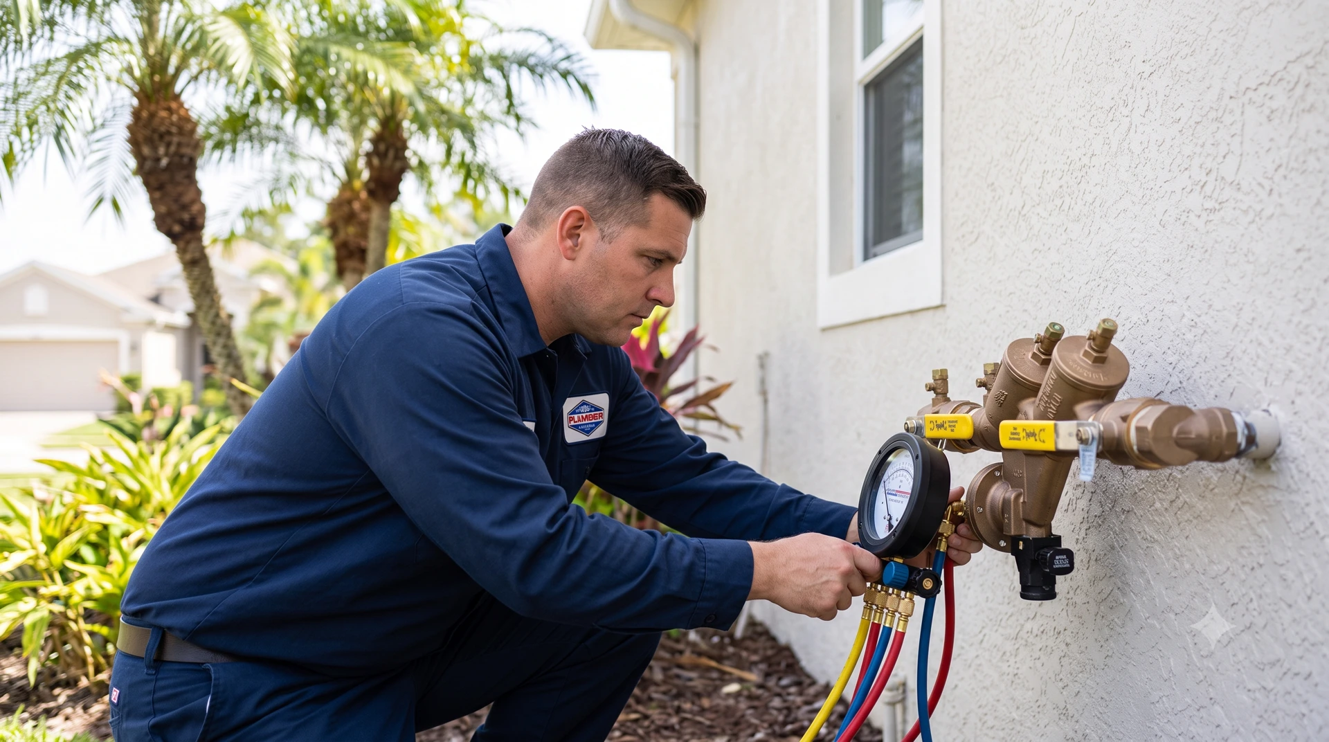 Plumber testing a backflow prevention device with a calibrated gauge kit