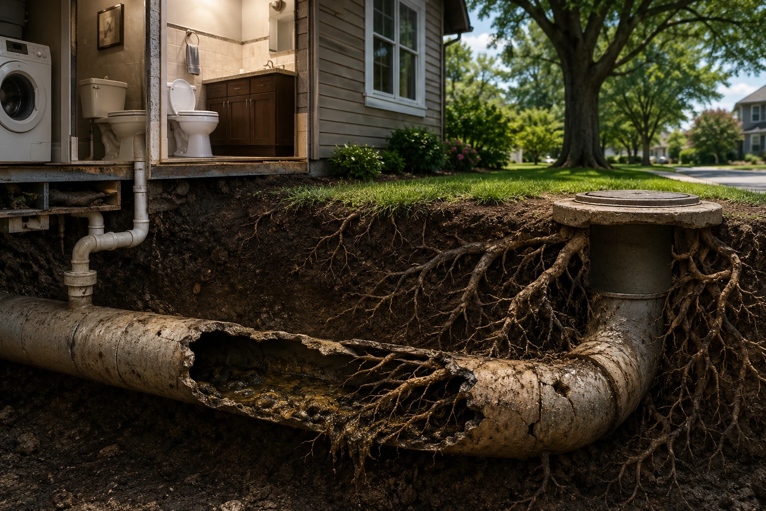 Main sewer line repair illustration showing cracked underground pipe and root intrusion